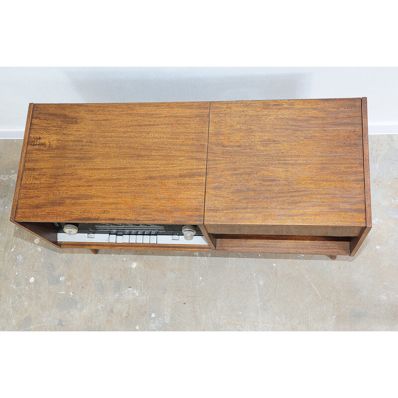 Vintage walnut veneered cabinet with built-in gramophone and radio, Czechoslovakia 1950