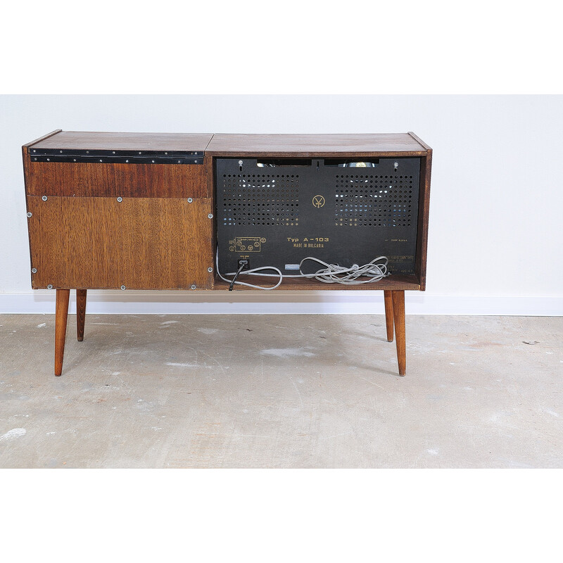 Vintage walnut veneered cabinet with built-in gramophone and radio, Czechoslovakia 1950