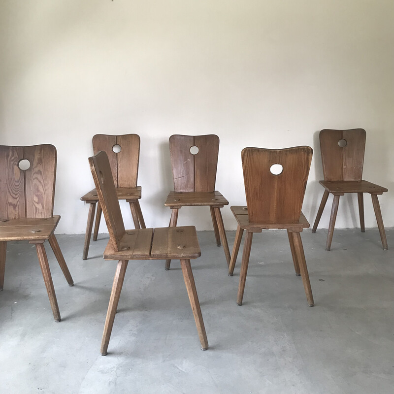 Lot de 6 chaises vintage en bois massif, 1950