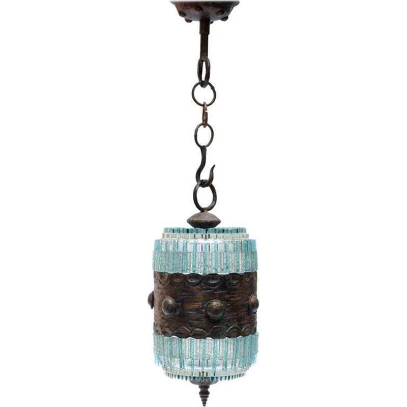 Hanglamp van blauw glas en brons - 1970