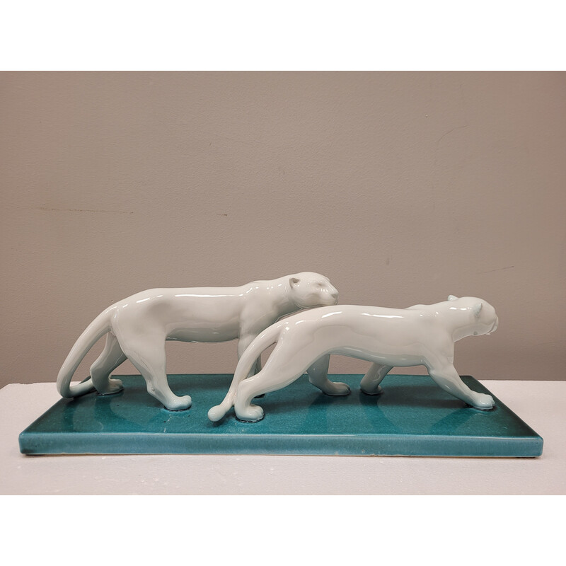 Paire de panthères vintage Art Déco en porcelaine par Josep Serra  Abella, Espagne 1930