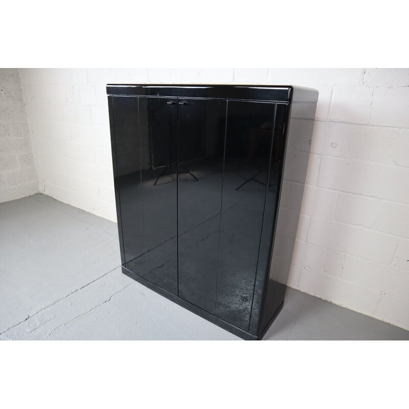 Vintage bar cabinet in black lacquer and travertine