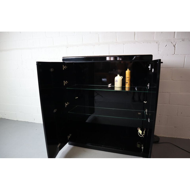 Vintage bar cabinet in black lacquer and travertine