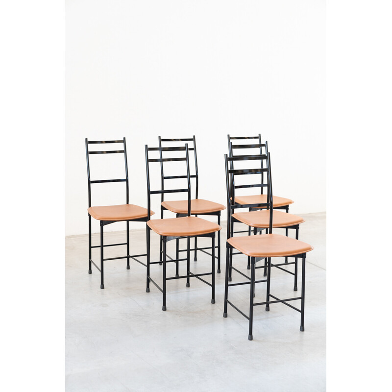 Ensemble de 6 chaises vintage en aluminium et cuir, 1980