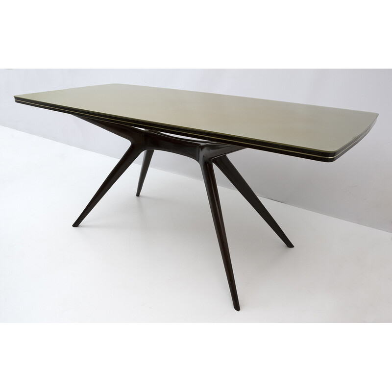 Vintage dining table in dark walnut and bronzed glass by Ico Parisi, Italy 1950