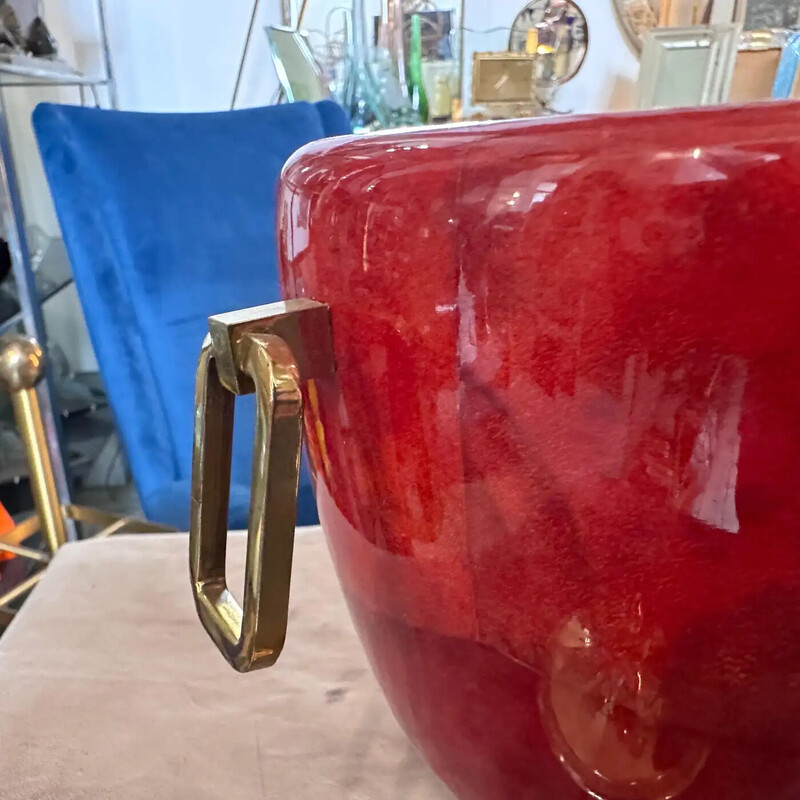 Vintage coral red goatskin and brass ice bucket by Aldo Tura, Italy 1950