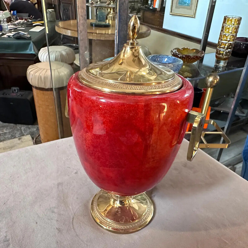 Vintage coral red goatskin and brass ice bucket by Aldo Tura, Italy 1950
