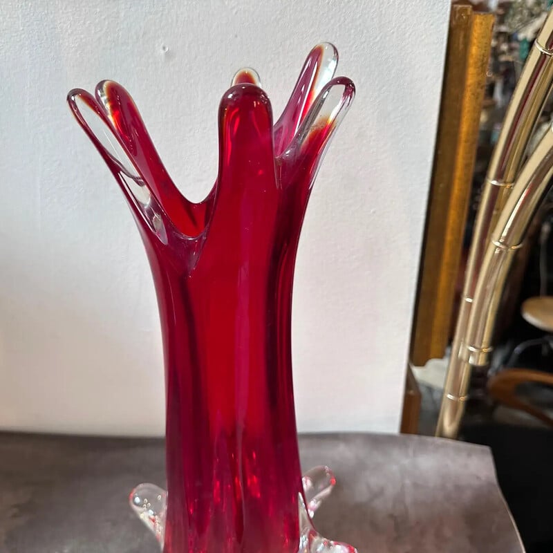 Vintage red Sommerso Murano glass vase by Seguso, 1980