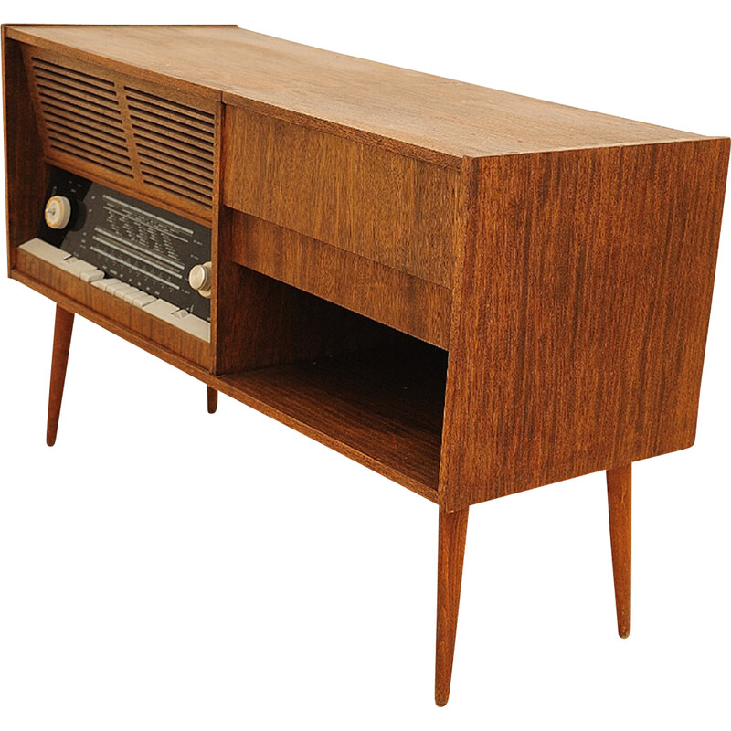 Vintage walnut veneered cabinet with built-in gramophone and radio, Czechoslovakia 1950