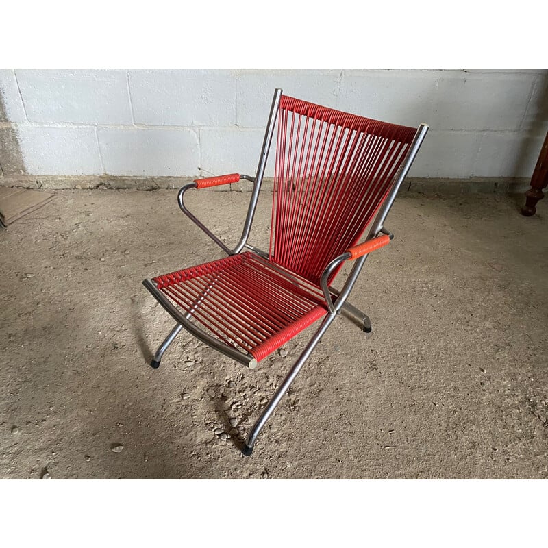 Vintage red and chrome folding scoubidou armchair for children, 1950