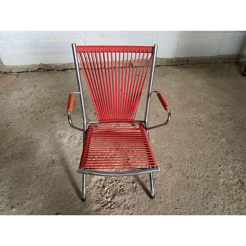 Fauteuil vintage pour enfant en scoubidou pliant rouge et chrome, 1950