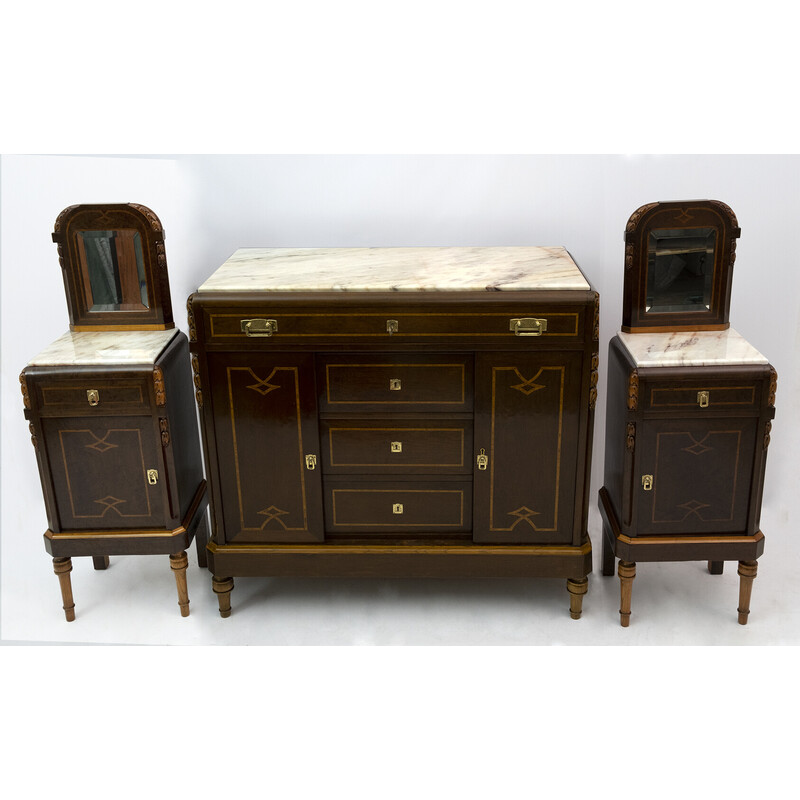 Pair of vintage night stands and chest in Thuja briar, Italy 1920