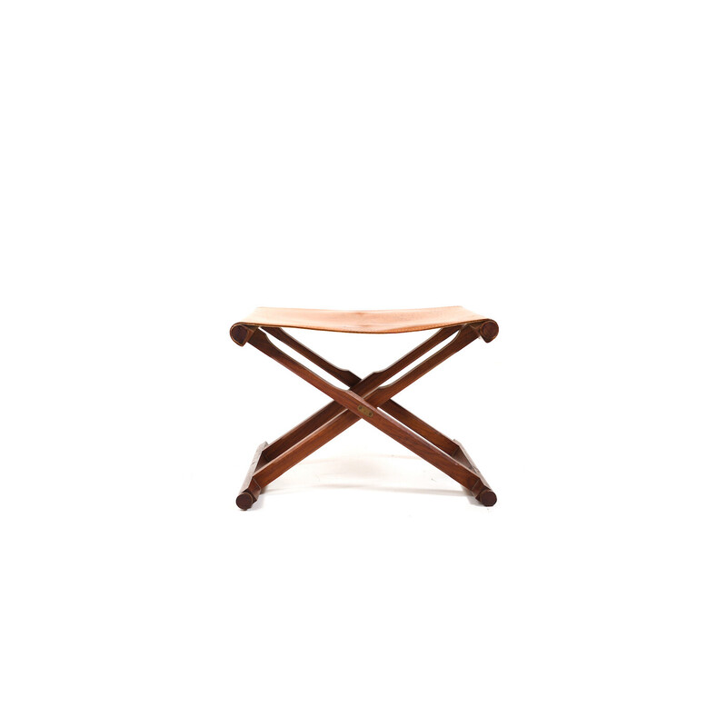 Vintage folding stool in teak and leather, Denmark 1960