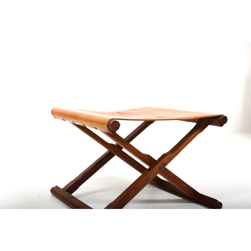 Vintage folding stool in teak and leather, Denmark 1960