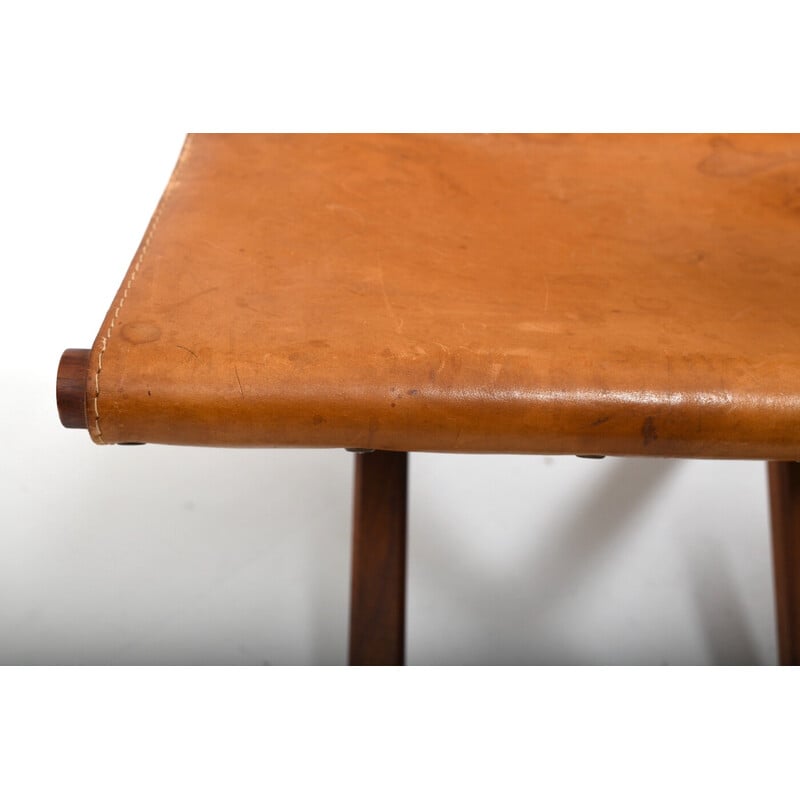 Tabouret pliant vintage en teck et cuir, Danemark 1960