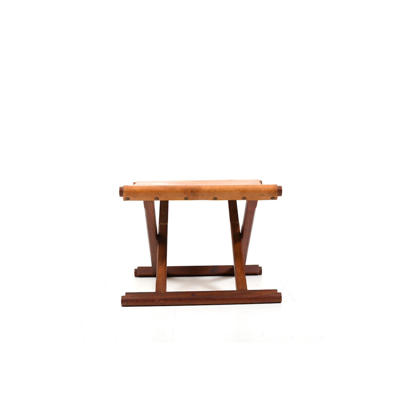 Tabouret pliant vintage en teck et cuir, Danemark 1960