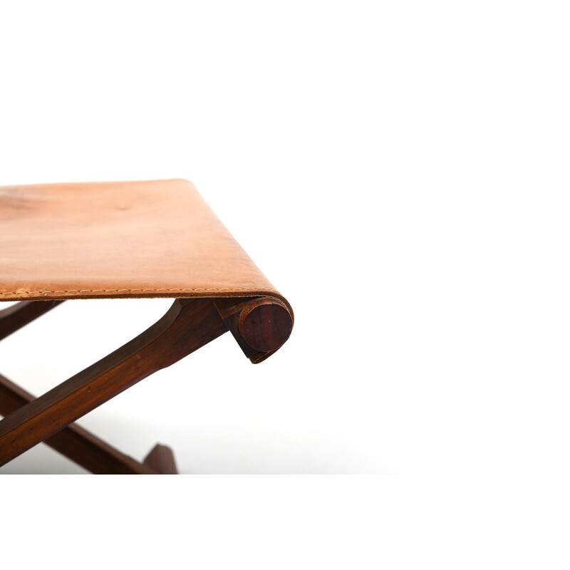 Tabouret pliant vintage en teck et cuir, Danemark 1960