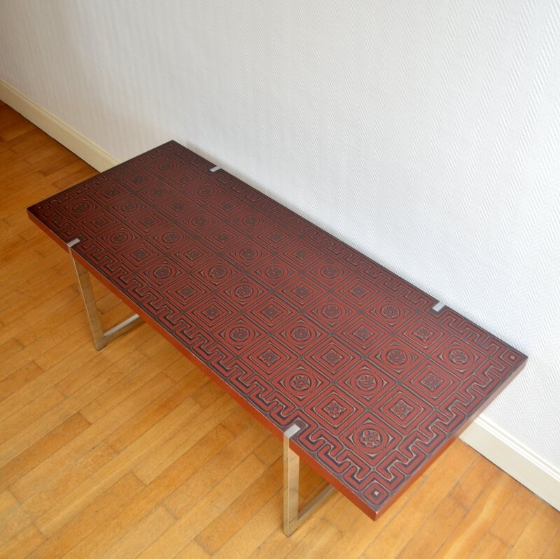 Large red vintage coffee table in wood and metal - 1970s