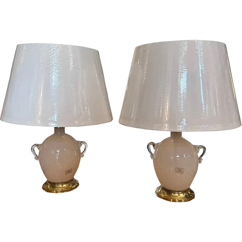 Pair of vintage pink Murano glass table lamps by Tommaso Barbi, Italy 1970
