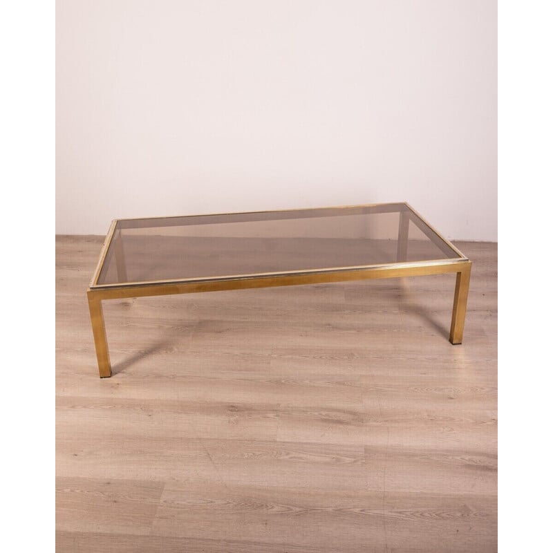 Vintage coffee table in gilded brass and smoked glass, Italy 1960
