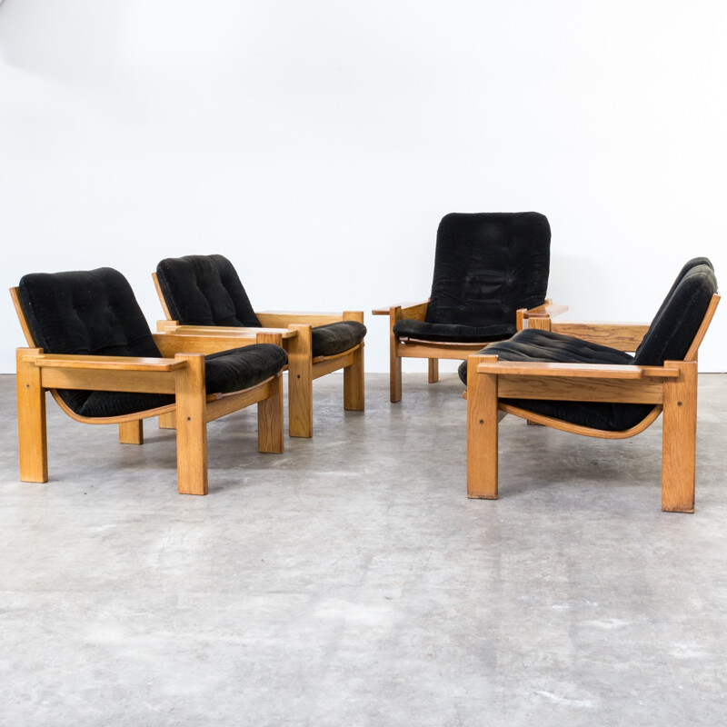 Ensemble de 3 fauteuils et un canapé noirs en chêne de Yngve Ekström pour Swedese - 1960