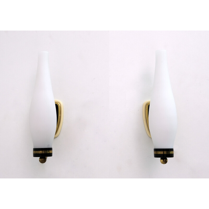 Pair of vintage brass and opaline glass wall lamps, Italy 1950