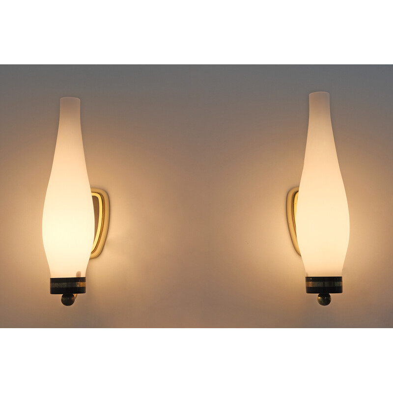 Pair of vintage brass and opaline glass wall lamps, Italy 1950