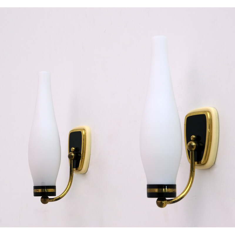Pair of vintage brass and opaline glass wall lamps, Italy 1950
