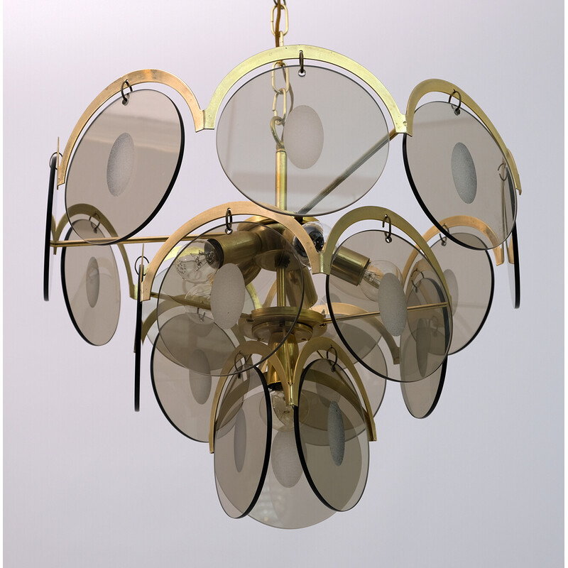 Vintage amber glass and brass chandelier by Gino Vistosi, 1970