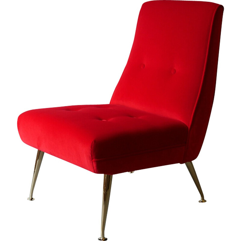 Chaise rouge vintage en velours - 1950