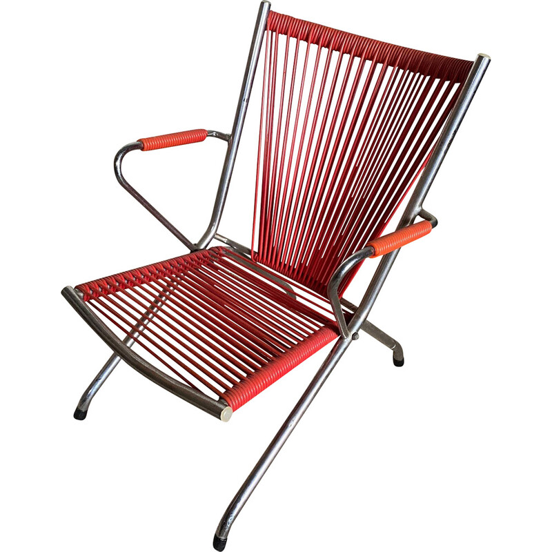 Vintage red and chrome folding scoubidou armchair for children, 1950