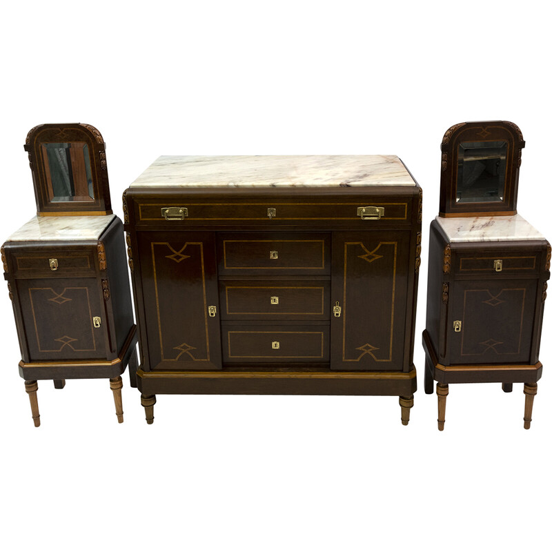 Pair of vintage night stands and chest in Thuja briar, Italy 1920