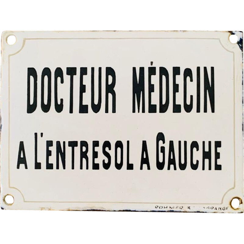 Gebogen vintage geëmailleerde plaquette "docteur médecin a l'entresol a gauche" (dokter op de tussenverdieping links)