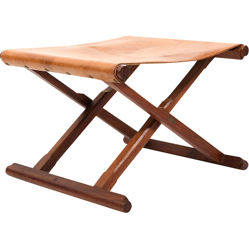 Tabouret pliant vintage en teck et cuir, Danemark 1960