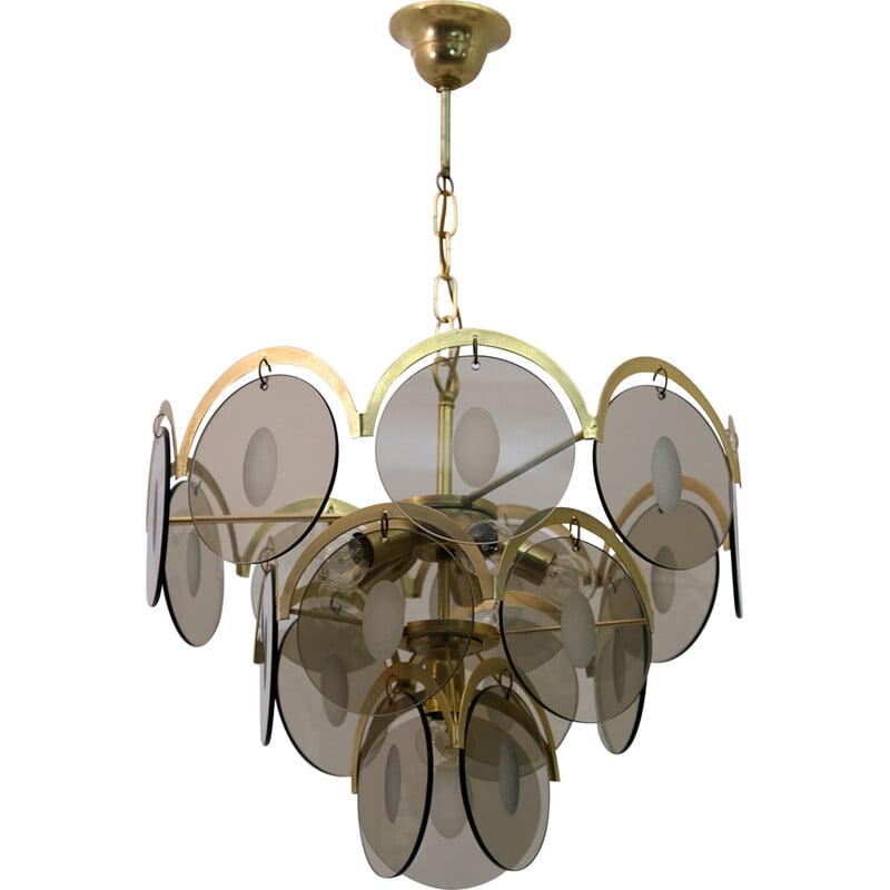Vintage amber glass and brass chandelier by Gino Vistosi, 1970