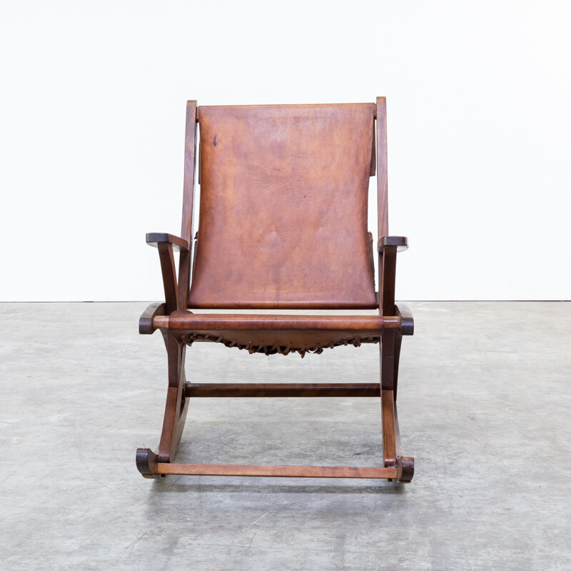 Mid Century oak and saddle leather rocking chair - 1960s