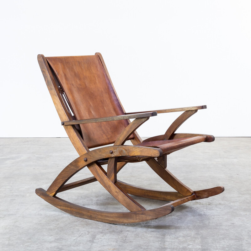 Chaise à bascule vintage en chêne et cuir de selle - 1960