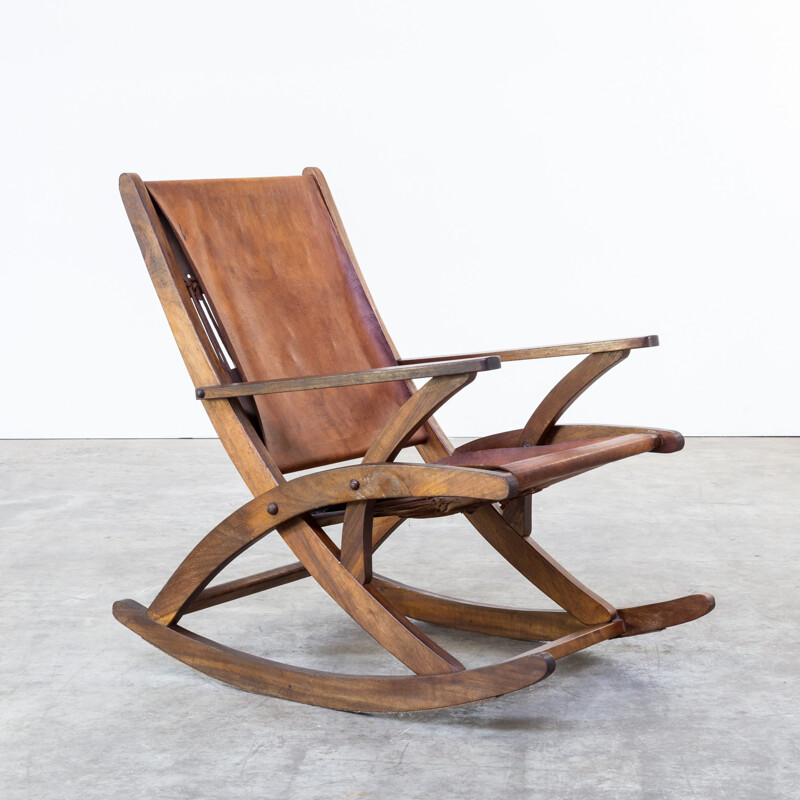 Mid Century oak and saddle leather rocking chair - 1960s