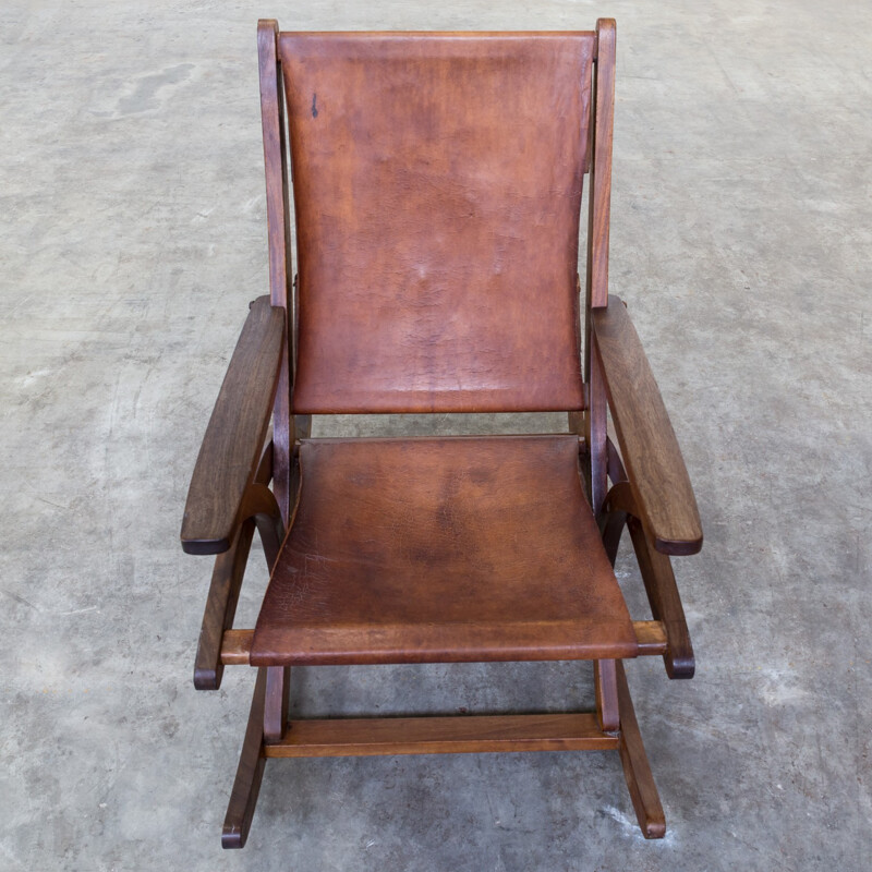 Mid Century oak and saddle leather rocking chair - 1960s