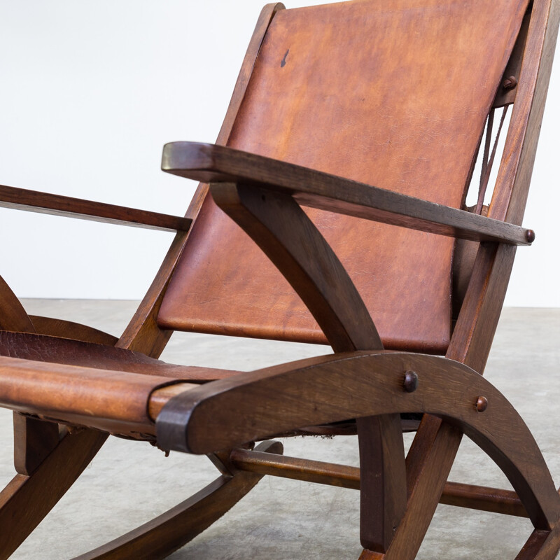 Mid Century oak and saddle leather rocking chair - 1960s