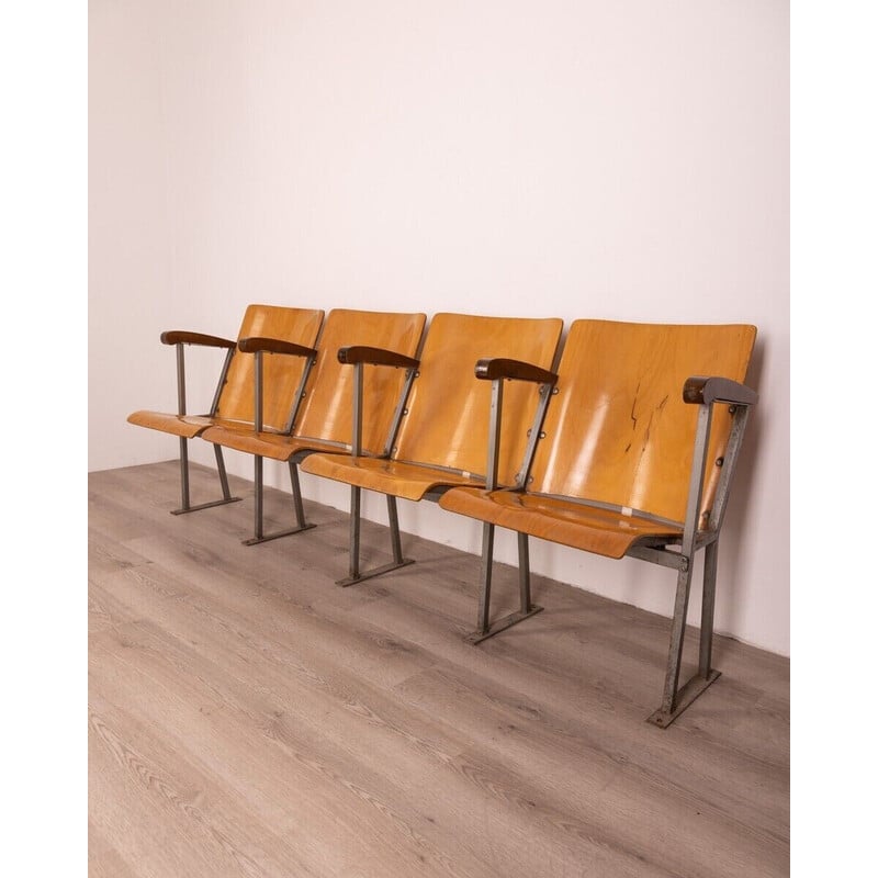 Set of 4 vintage metal and wood cinema chairs, Italy 1960