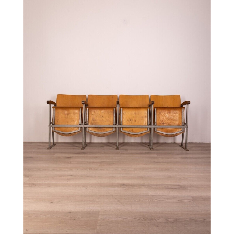 Conjunto de 4 cadeiras de cinema vintage em metal e madeira, Itália 1960