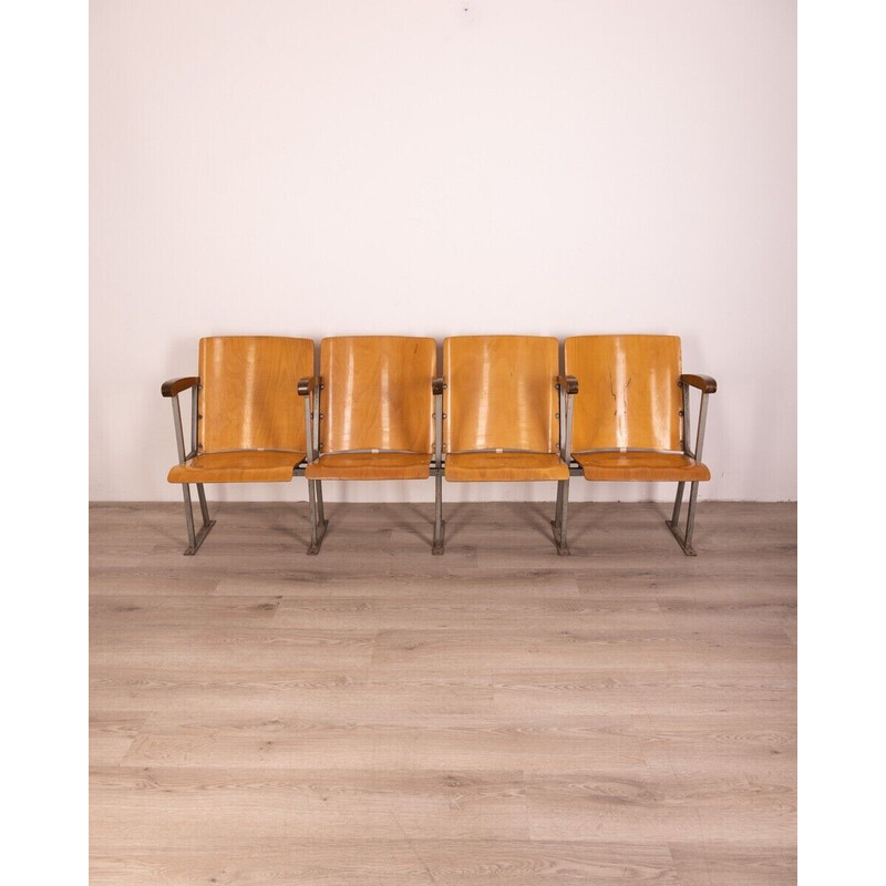 Conjunto de 4 cadeiras de cinema vintage em metal e madeira, Itália 1960