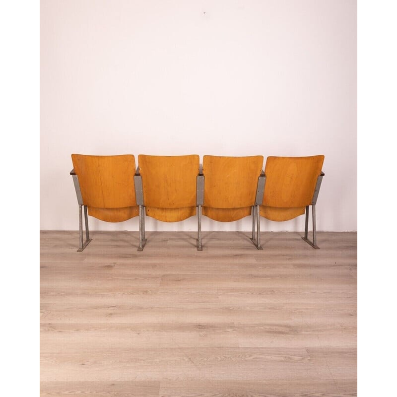 Set of 4 vintage metal and wood cinema chairs, Italy 1960