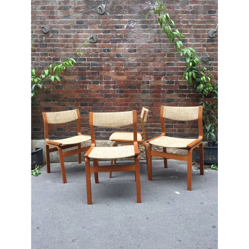 Set van 4 beige teakhouten en wollen stoelen - 1960