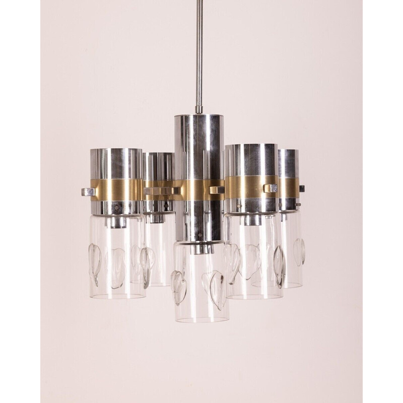 Vintage chandelier in chromed metal and glass by Gaetano Sciolari, 1970