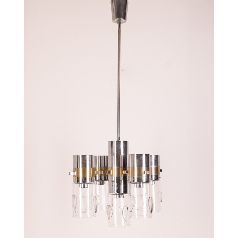 Vintage chandelier in chromed metal and glass by Gaetano Sciolari, 1970
