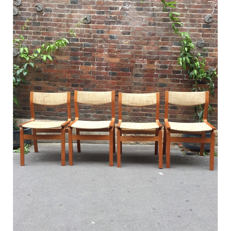 Ensemble de 4 chaises en teck et laine beige - 1960
