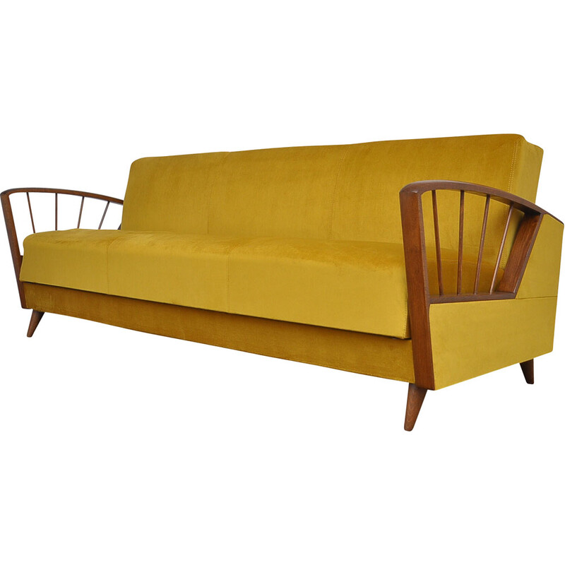 Vintage yellow velvet sofa bed, 1960