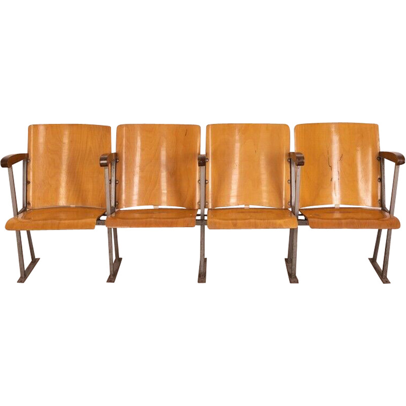 Ensemble de 4 chaises de cinéma vintage en métal et bois, Italie 1960